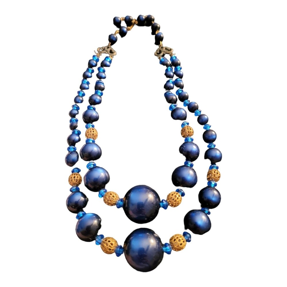 Vintage Graduated Blue Acrylic Beaded Necklace 14-16" Goldtone Spacers